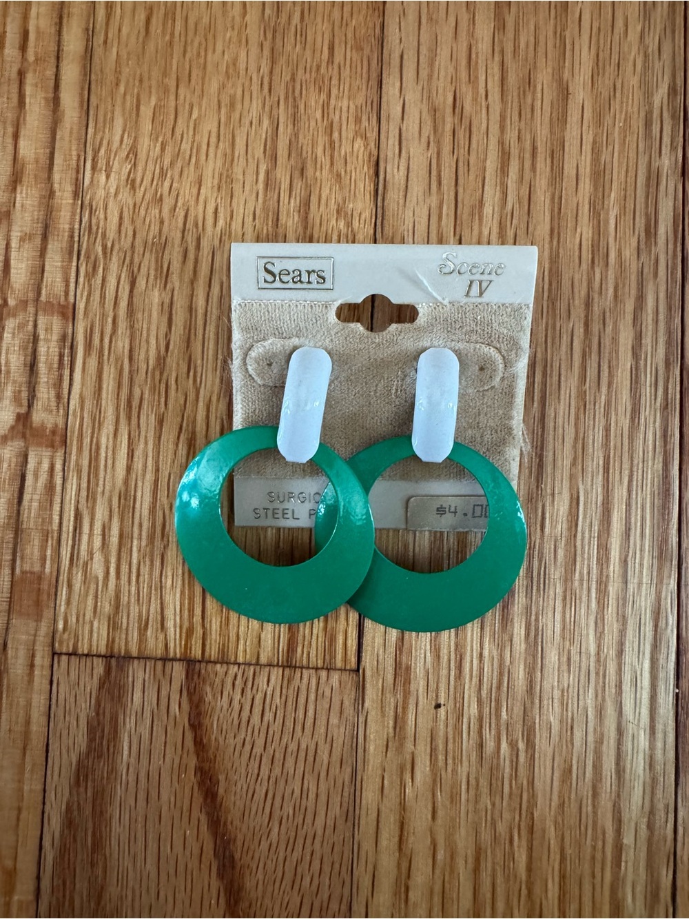Sears Green and White Hoop Dangle Earrings
